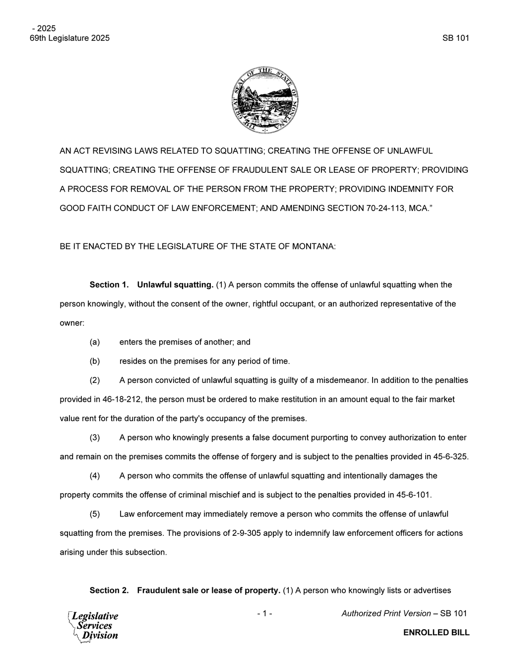 Montana Legislature passes SB 101 to combat unlawful squatting and property fraud