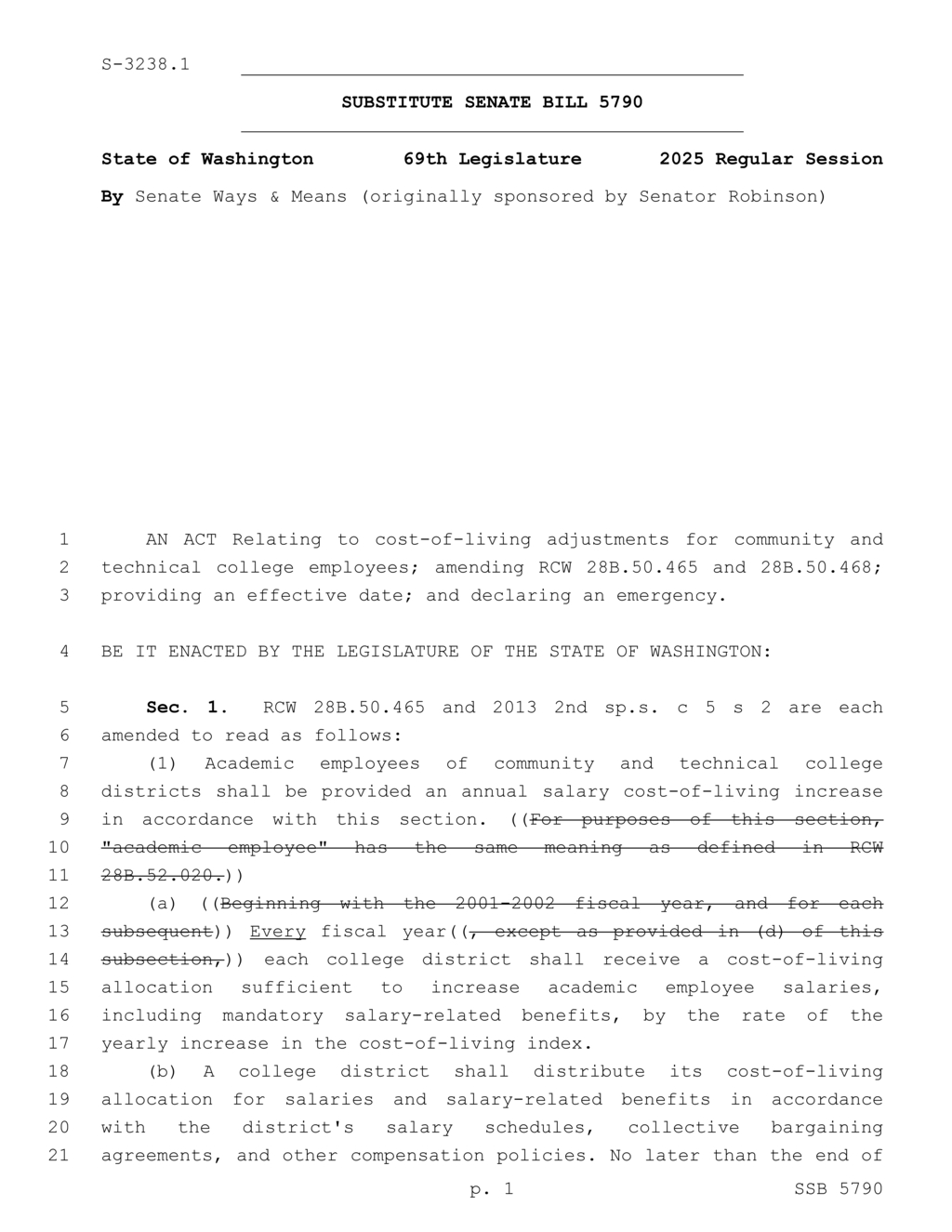 Washington state mandates cost-of-living salary increases for technical colleges starting 2025