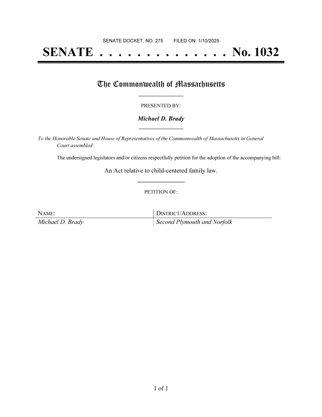 Senator Brady files child-centered family law bill in Massachusetts