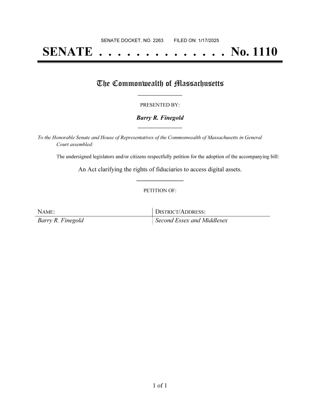 Senator Finegold proposes Massachusetts Fiduciary Access to Digital Assets Act
