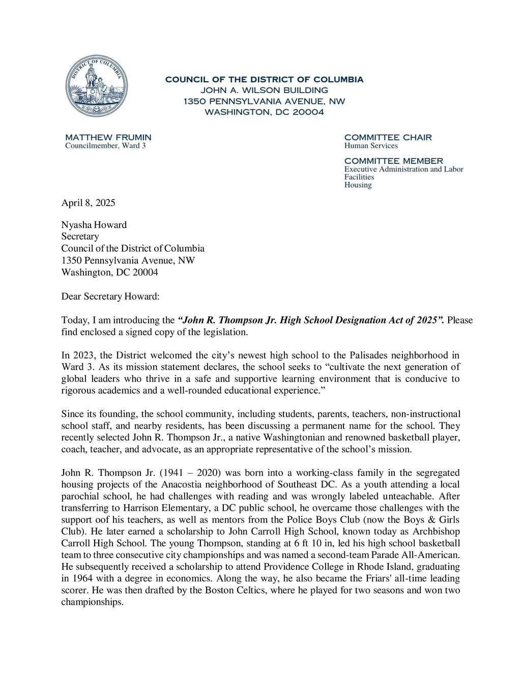 Council introduces John R. Thompson Jr. High School Designation Act in Washington DC