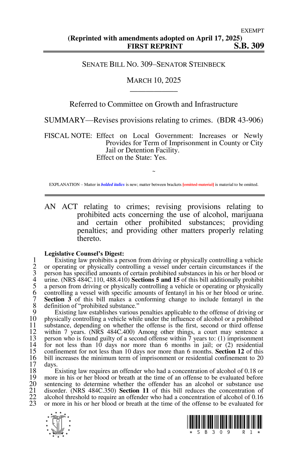 Nevada legislators amend DUI laws lowering alcohol concentration threshold to 0.16