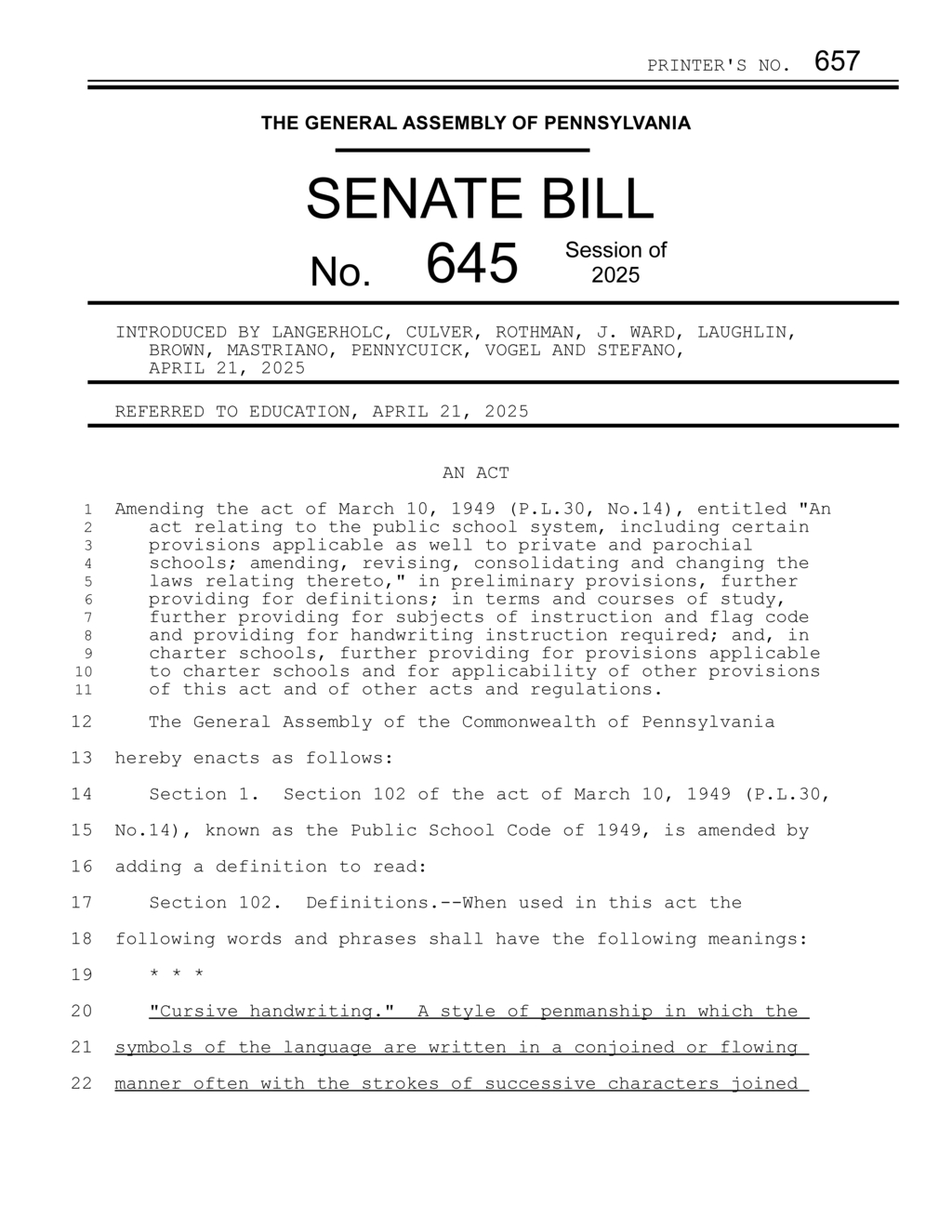 Pennsylvania Senate introduces bill mandating cursive handwriting instruction in schools