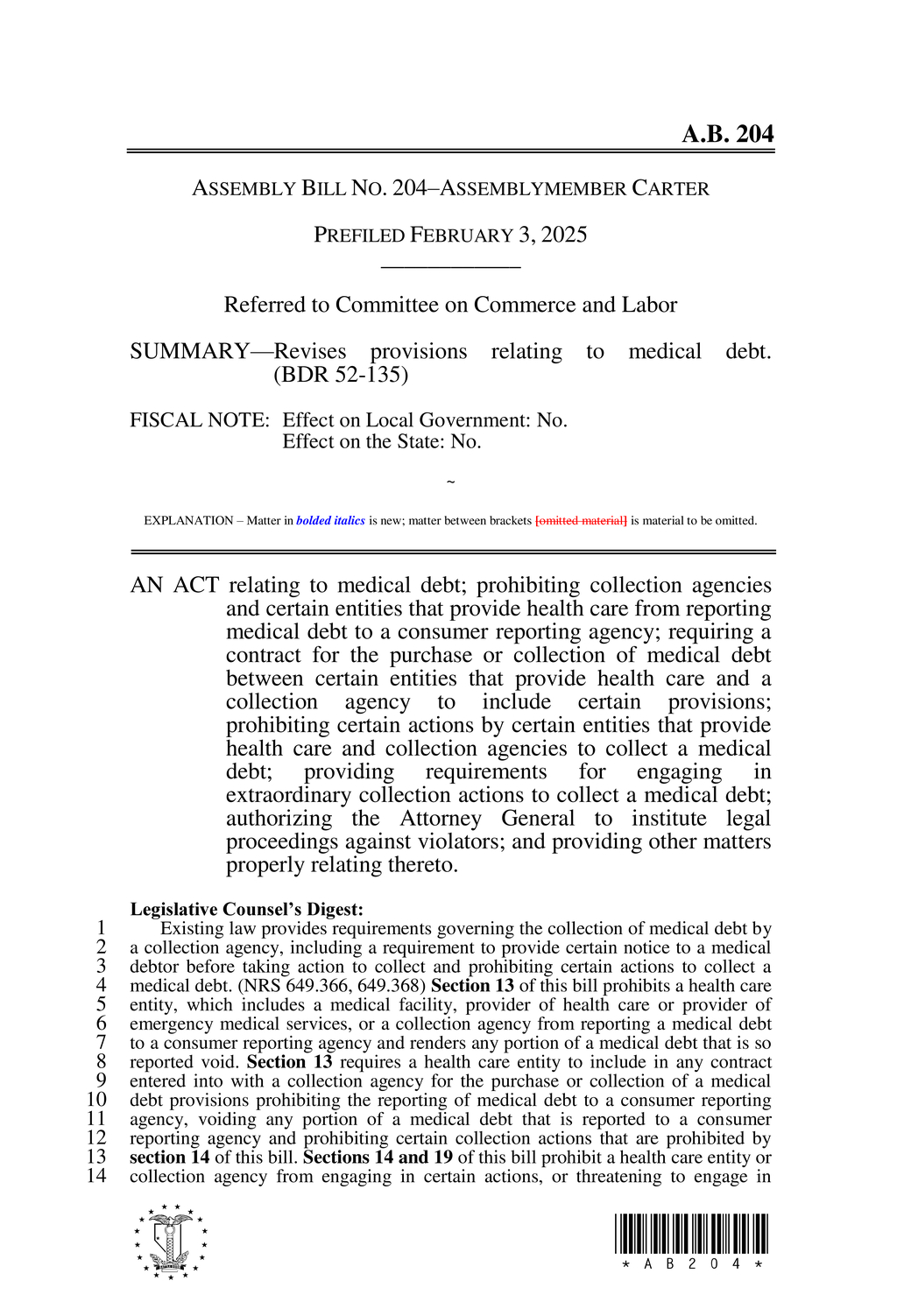Nevada Senate enacts AB204 to limit medical debt collection practices