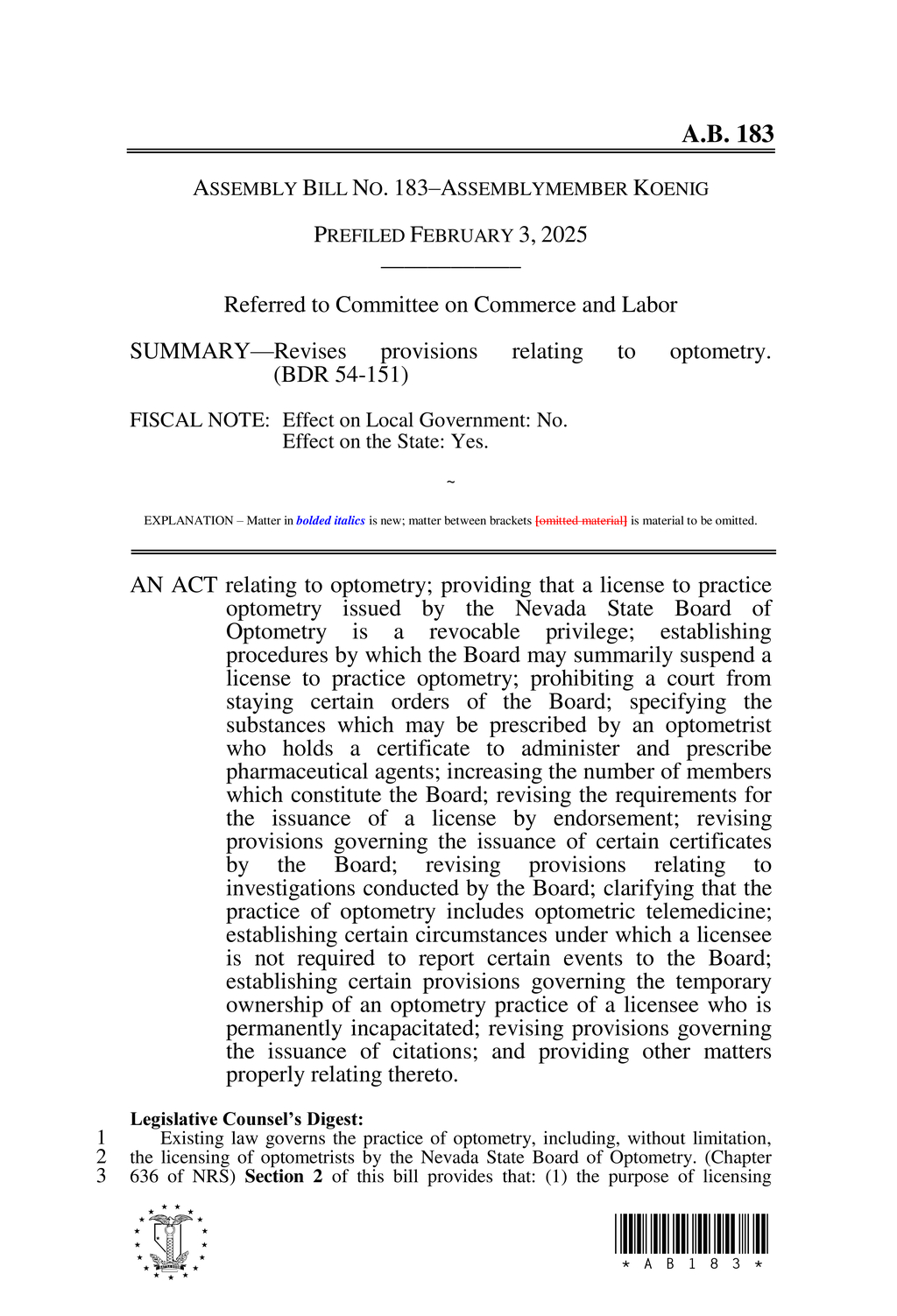 Assemblymember Koenig introduces AB 183 to reform Nevada's optometry licensing