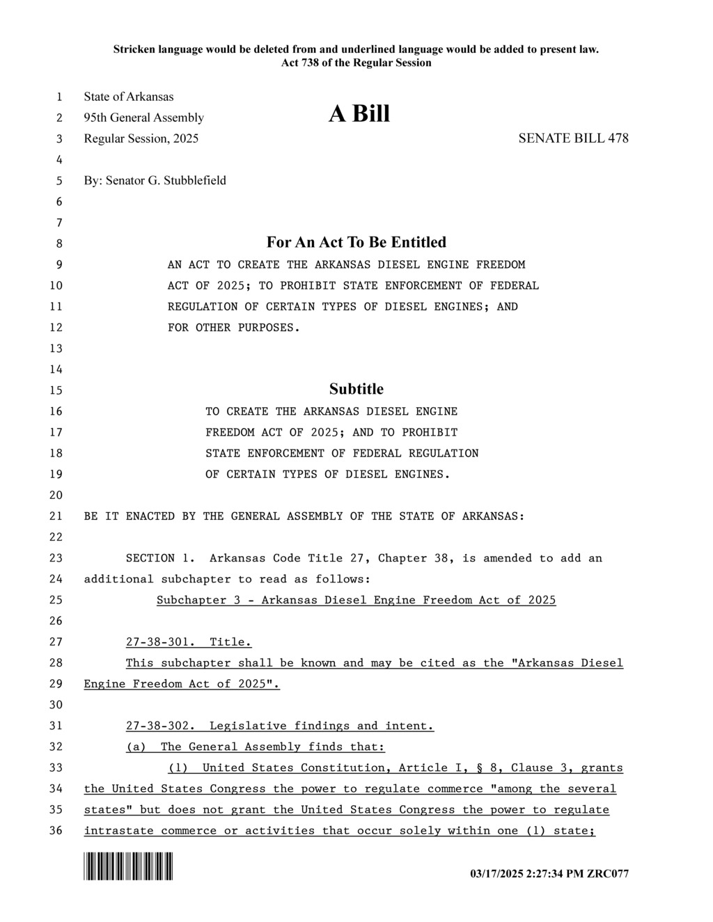 Senator Stubblefield introduces Arkansas Diesel Engine Freedom Act of 2025