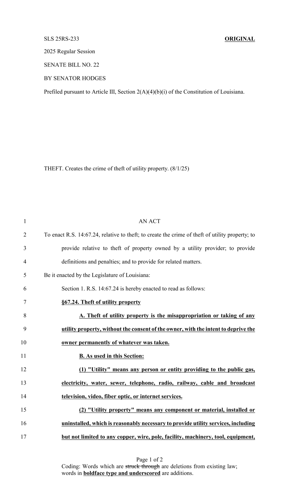 Senate Bill 22 introduces penalties for theft of utility property in Louisiana