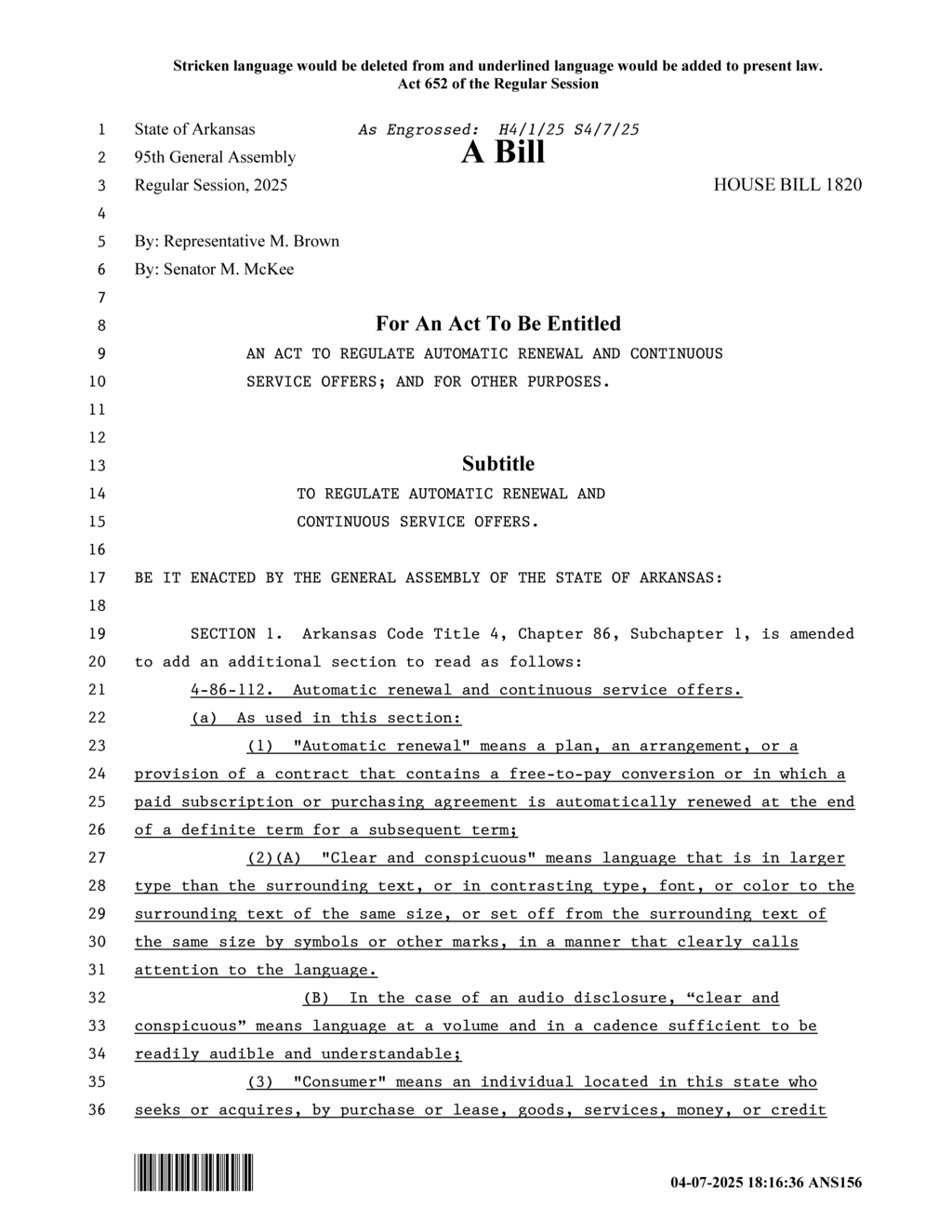 Arkansas legislature enacts HB1820 enforcing Deceptive Trade Practices Act