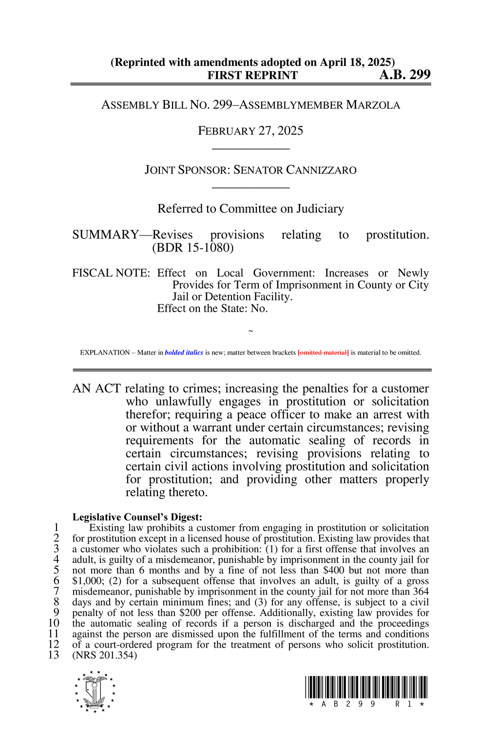 Nevada bill tightens prostitution laws and extends civil action limits