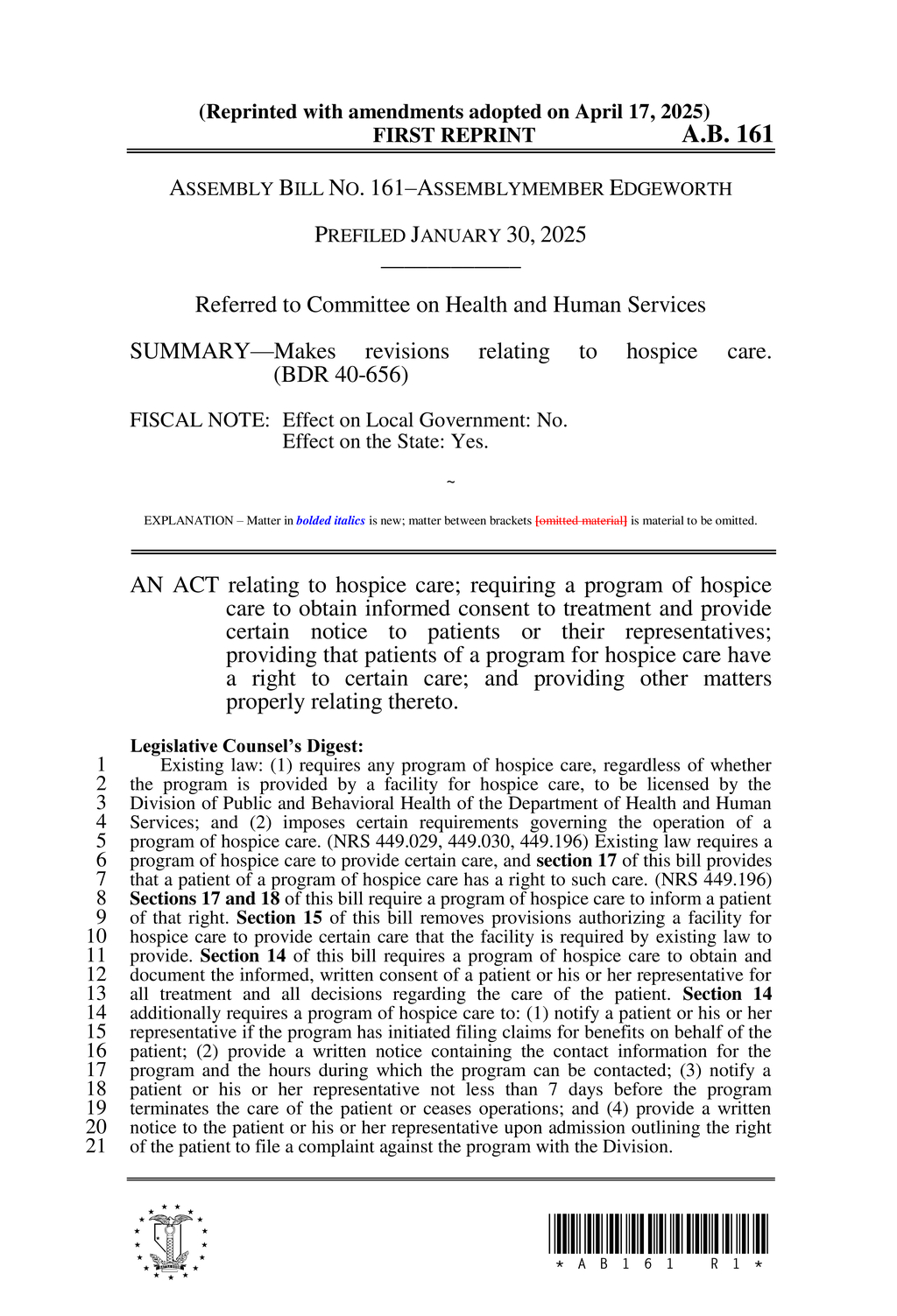 Nevada Senate amends healthcare licensing laws to enhance public safety regulations