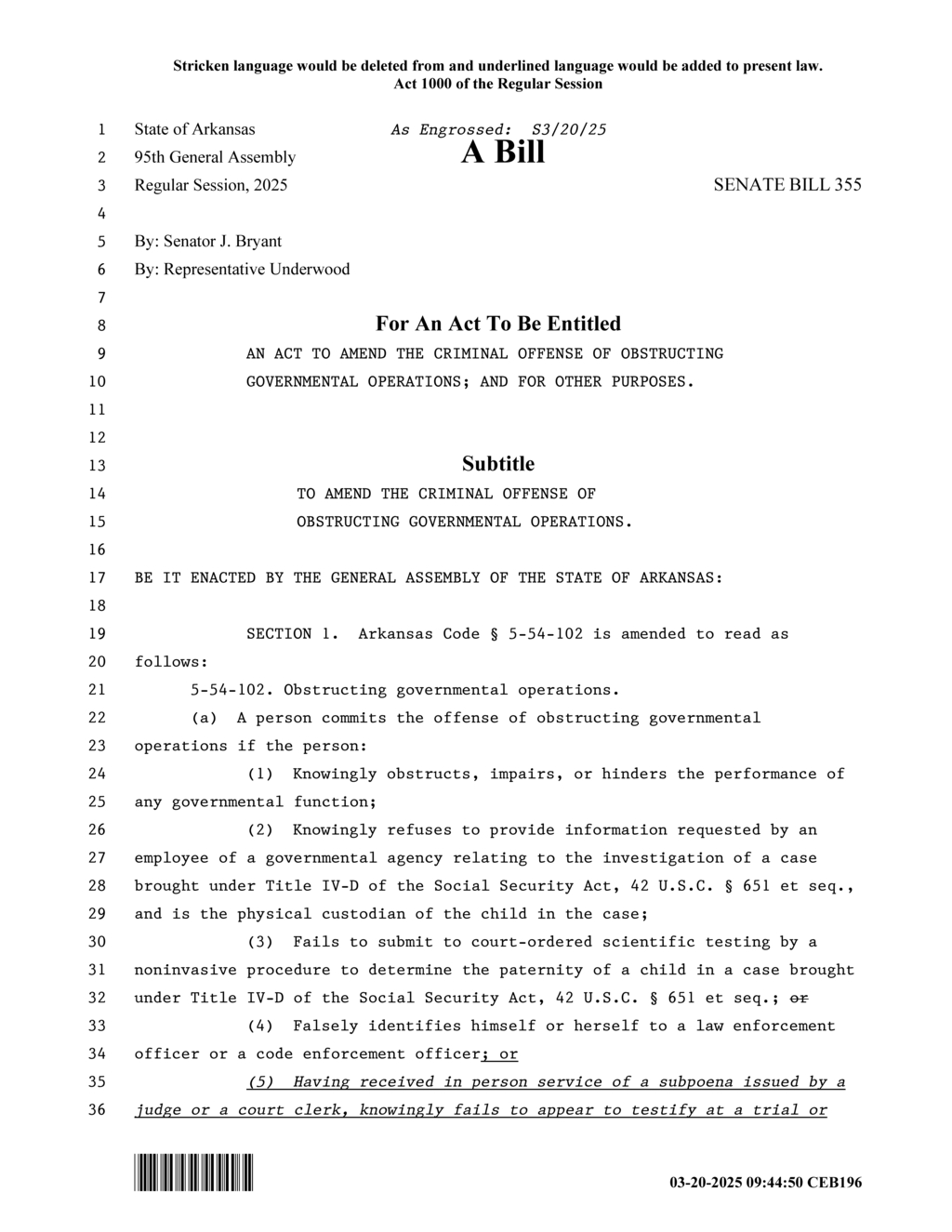 Arkansas General Assembly updates obstructing governmental operations law