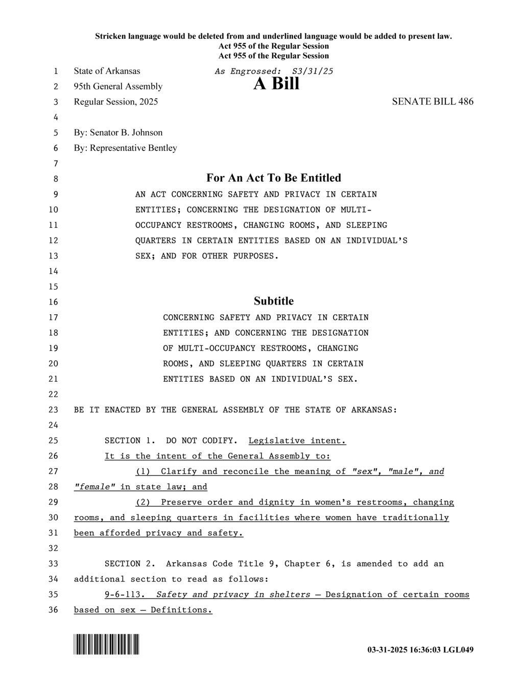Arkansas Senate passes SB486 defining correctional facility standards and gender designations
