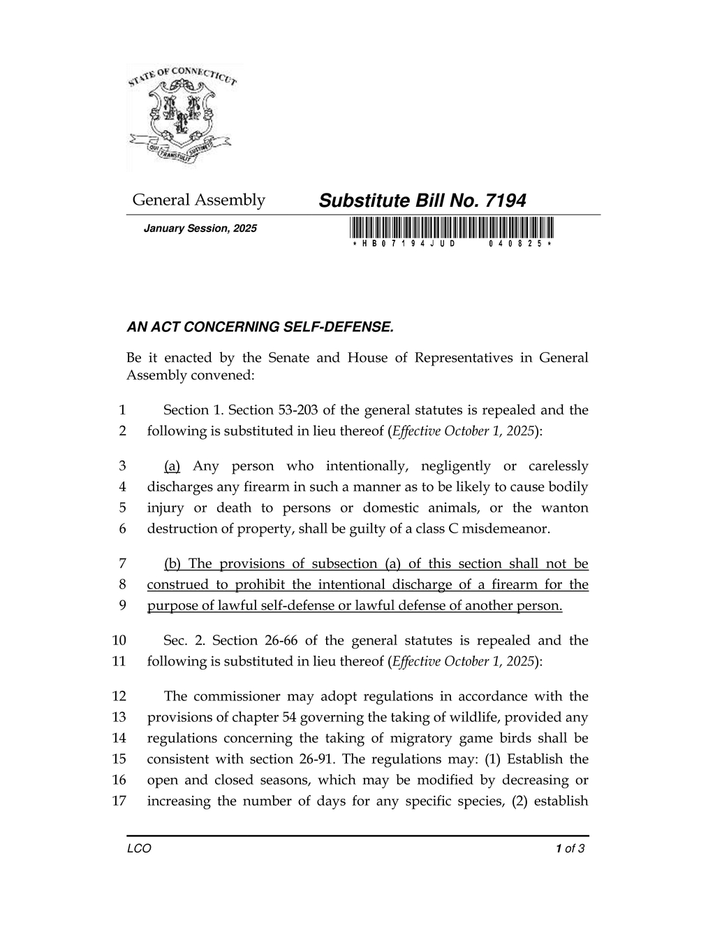 Connecticut General Assembly enacts self-defense legislation effective October 2025