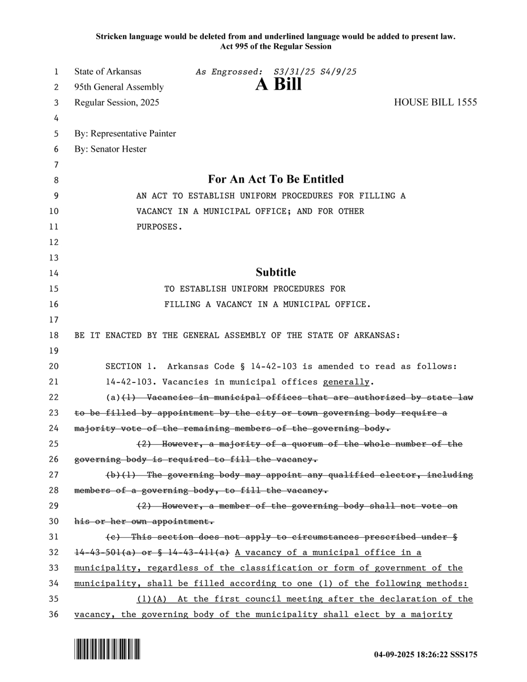 Arkansas amends vacancy procedures for mayor and assistant mayor roles
