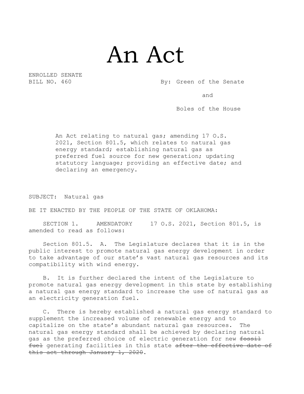 Oklahoma Legislature establishes natural gas as preferred fuel for new generation facilities