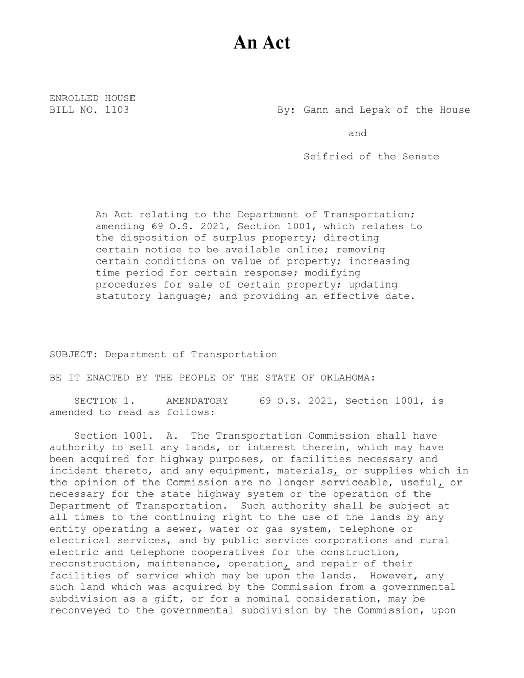 Oklahoma lawmakers update Department of Transportation surplus property management procedures