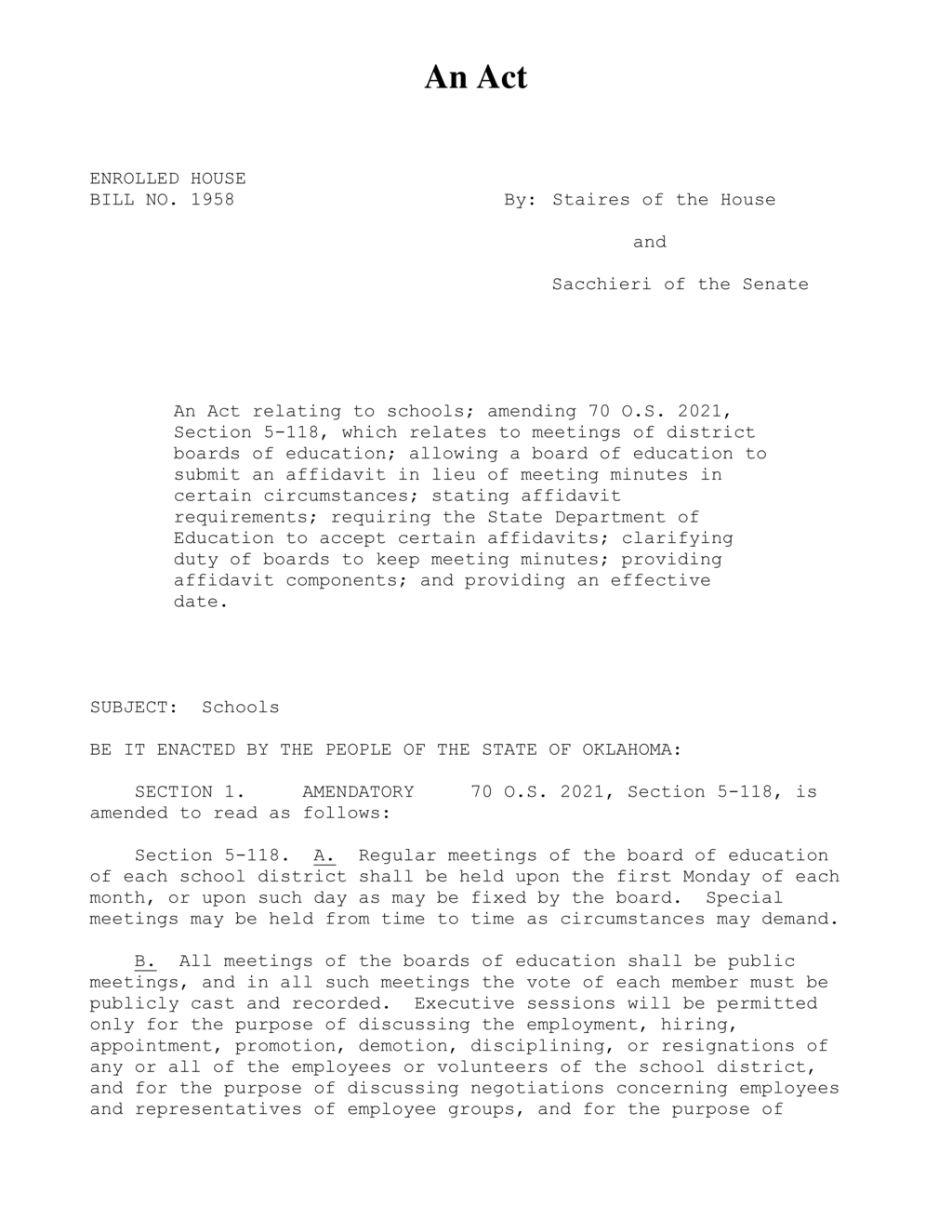 Oklahoma legislature amends school board meeting requirements with new affidavit rules