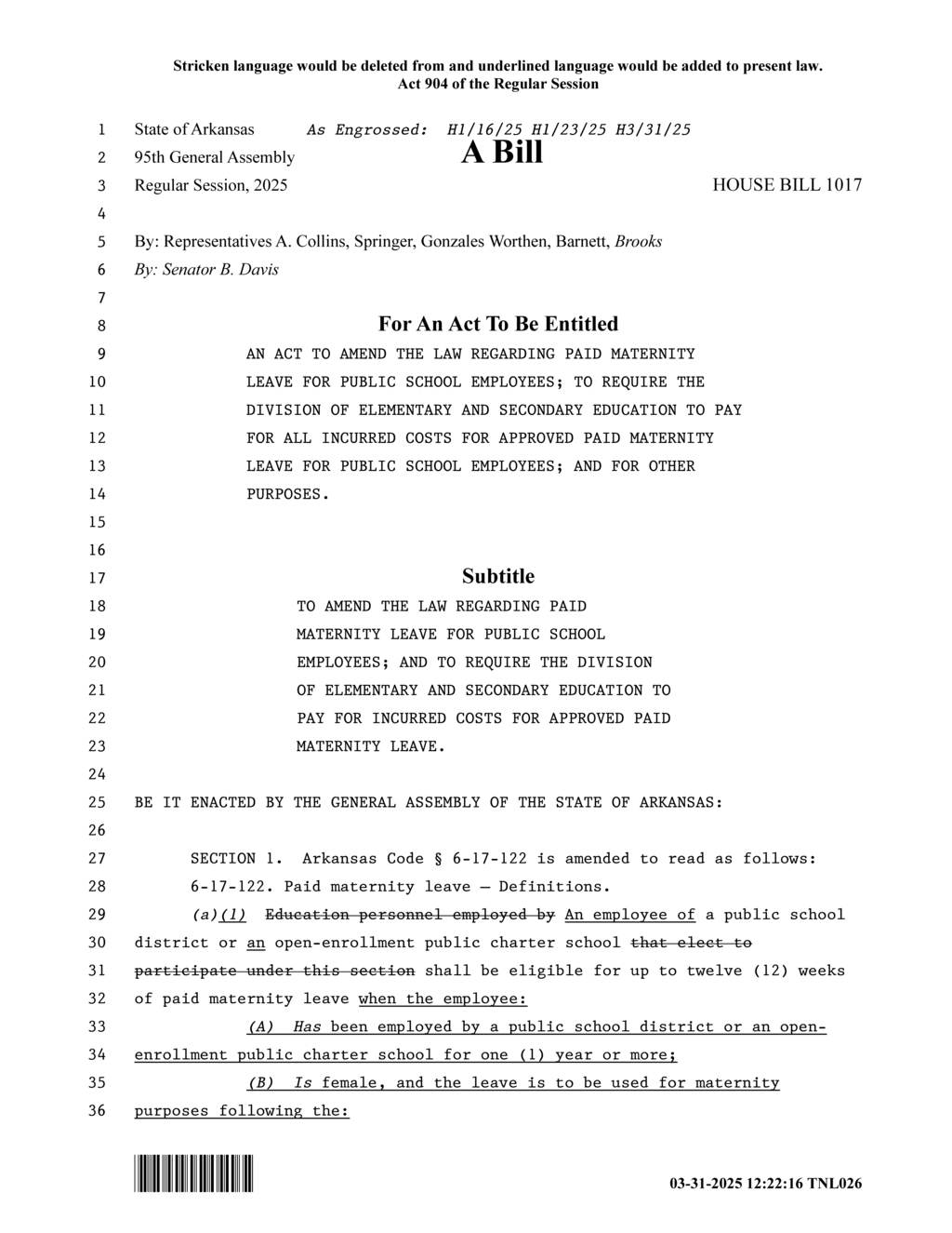 Arkansas General Assembly passes House Bill 1017 for public school maternity leave