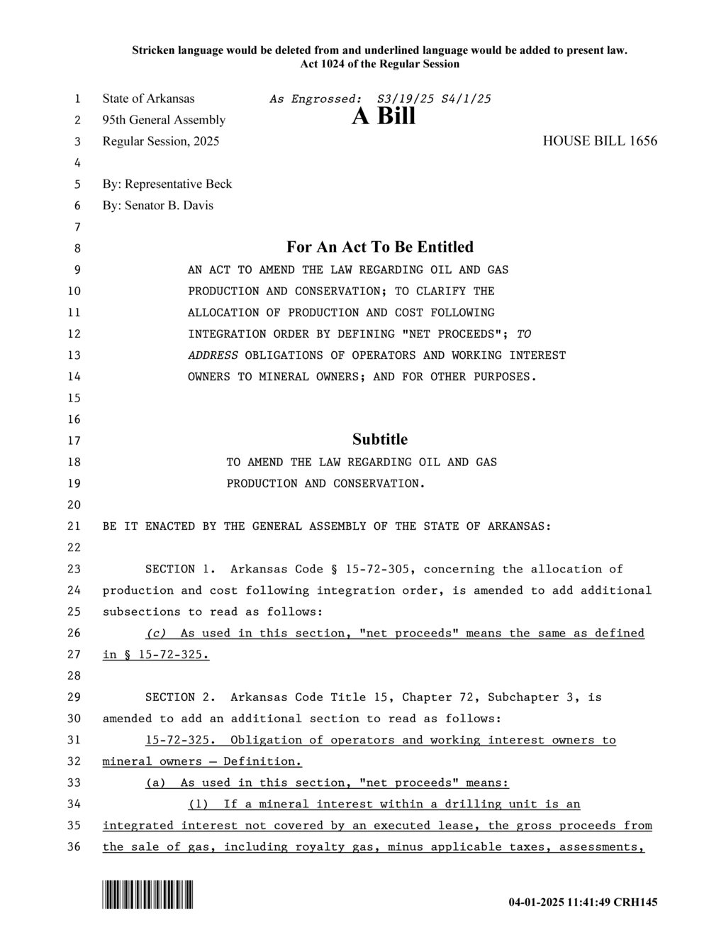 Legislature passes HB1656 regulating mineral rights and royalty agreements in gas production
