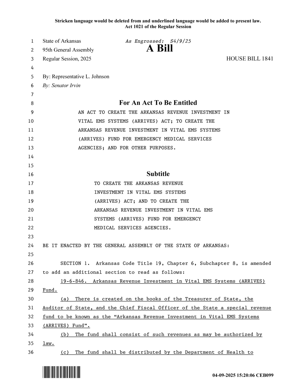 Arkansas legislation introduces ARRIVES Act to fund emergency medical services