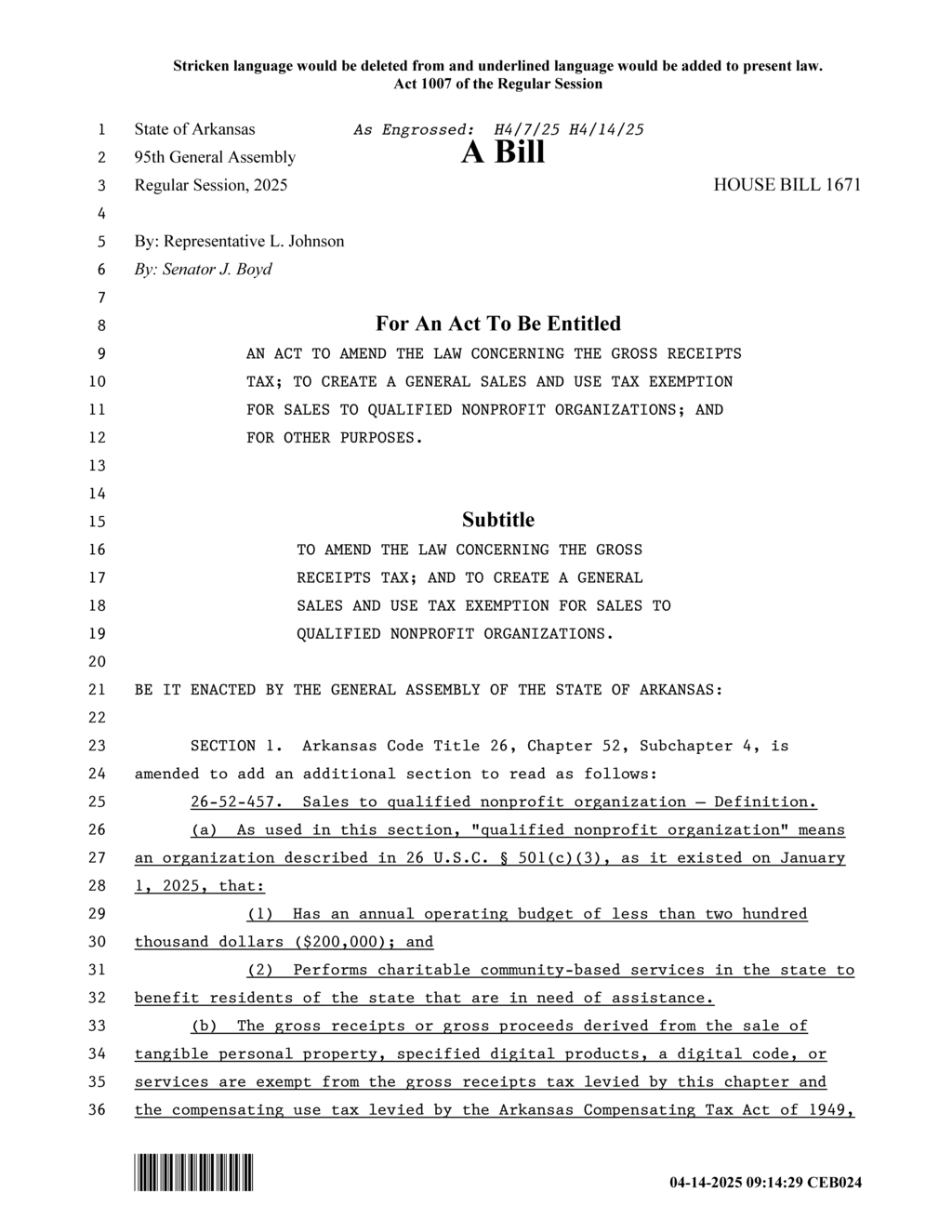 Arkansas House Bill 1671 creates sales tax exemption for small nonprofits