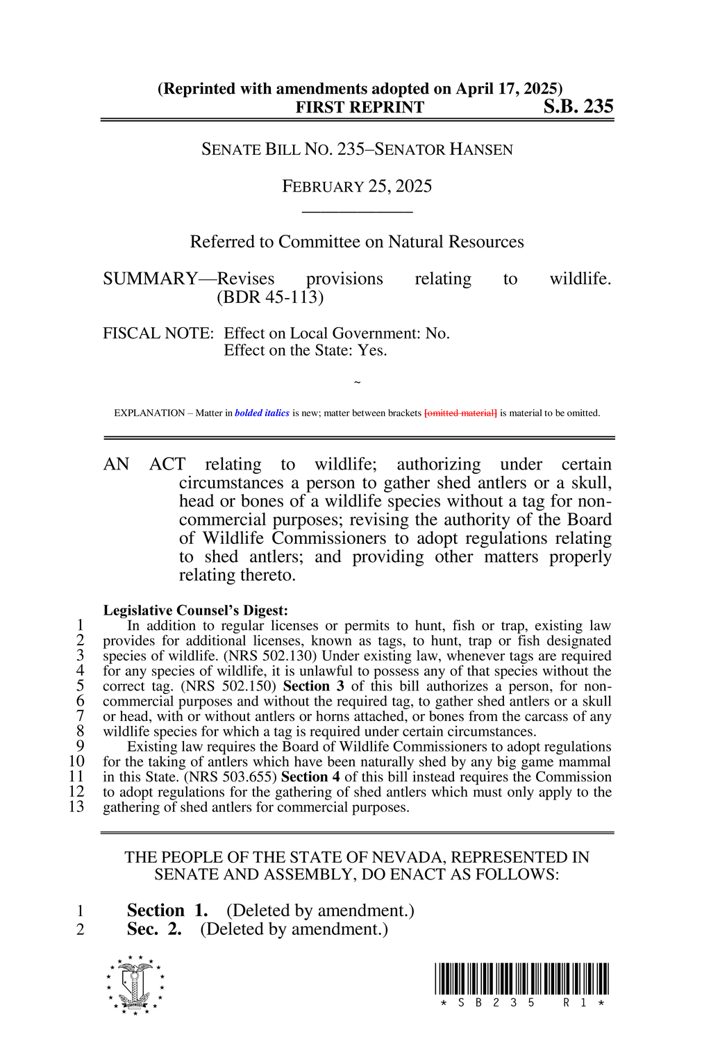 Nevada Commission updates wildlife tagging laws for antlers and transport regulations