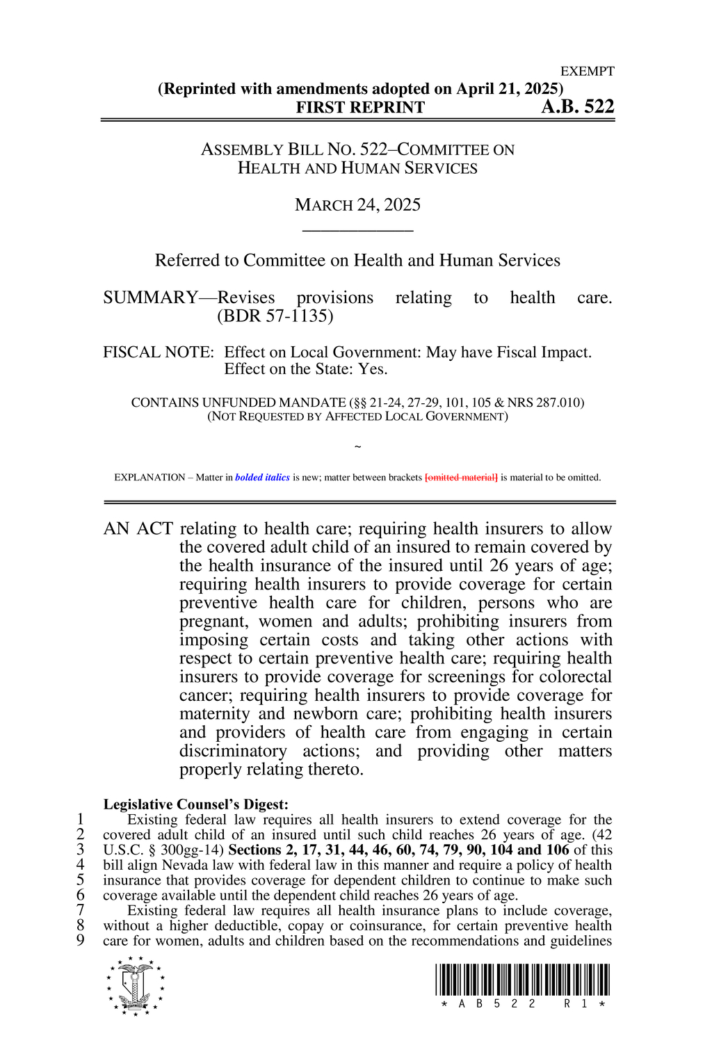 Nevada mandates insurer coverage for pregnancy-related health screenings