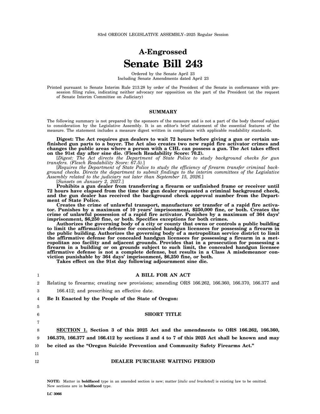 Oregon Legislature approves waiting period for firearm purchases under Senate Bill 243