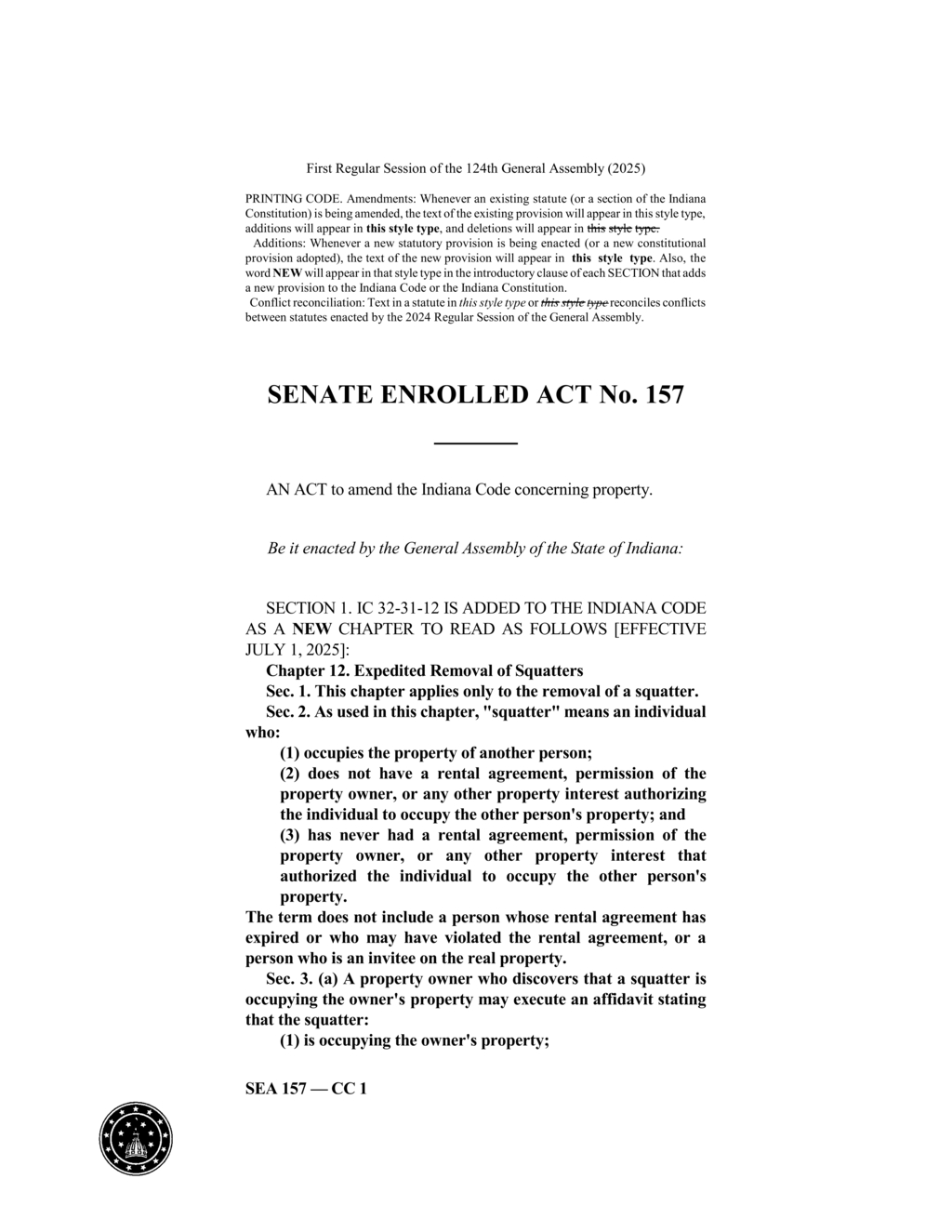 Indiana enacts squatter removal law enhancing police authority effective July 2025