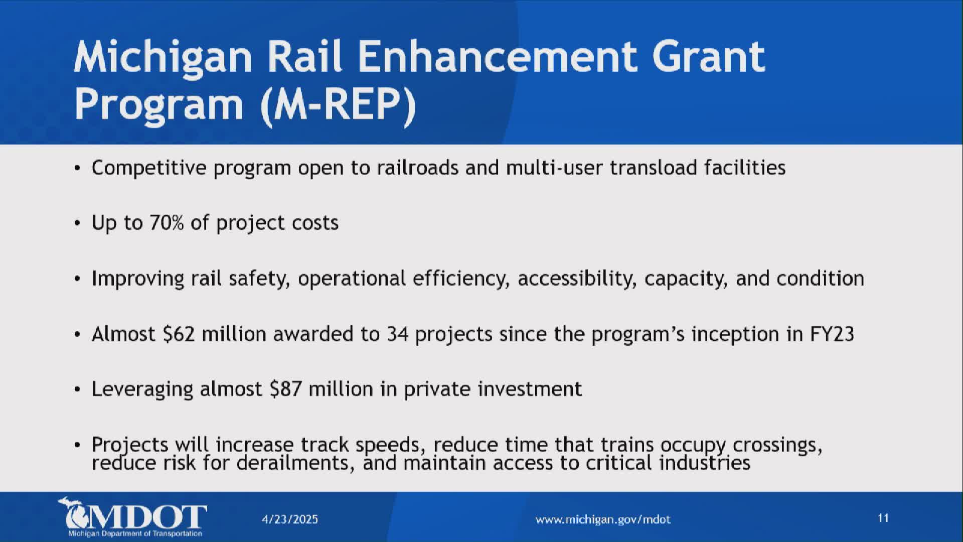 Michigan Rail Enhancement Grant Program boosts $87M in private investment for railroads
