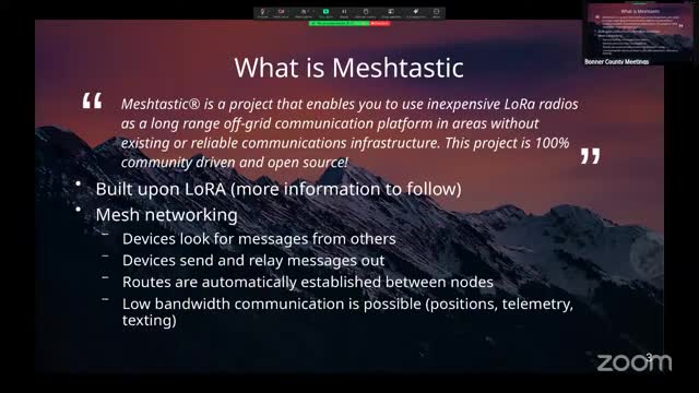 Presenter outlines Meshtastic mesh for low‑bandwidth, off‑grid text and telemetry