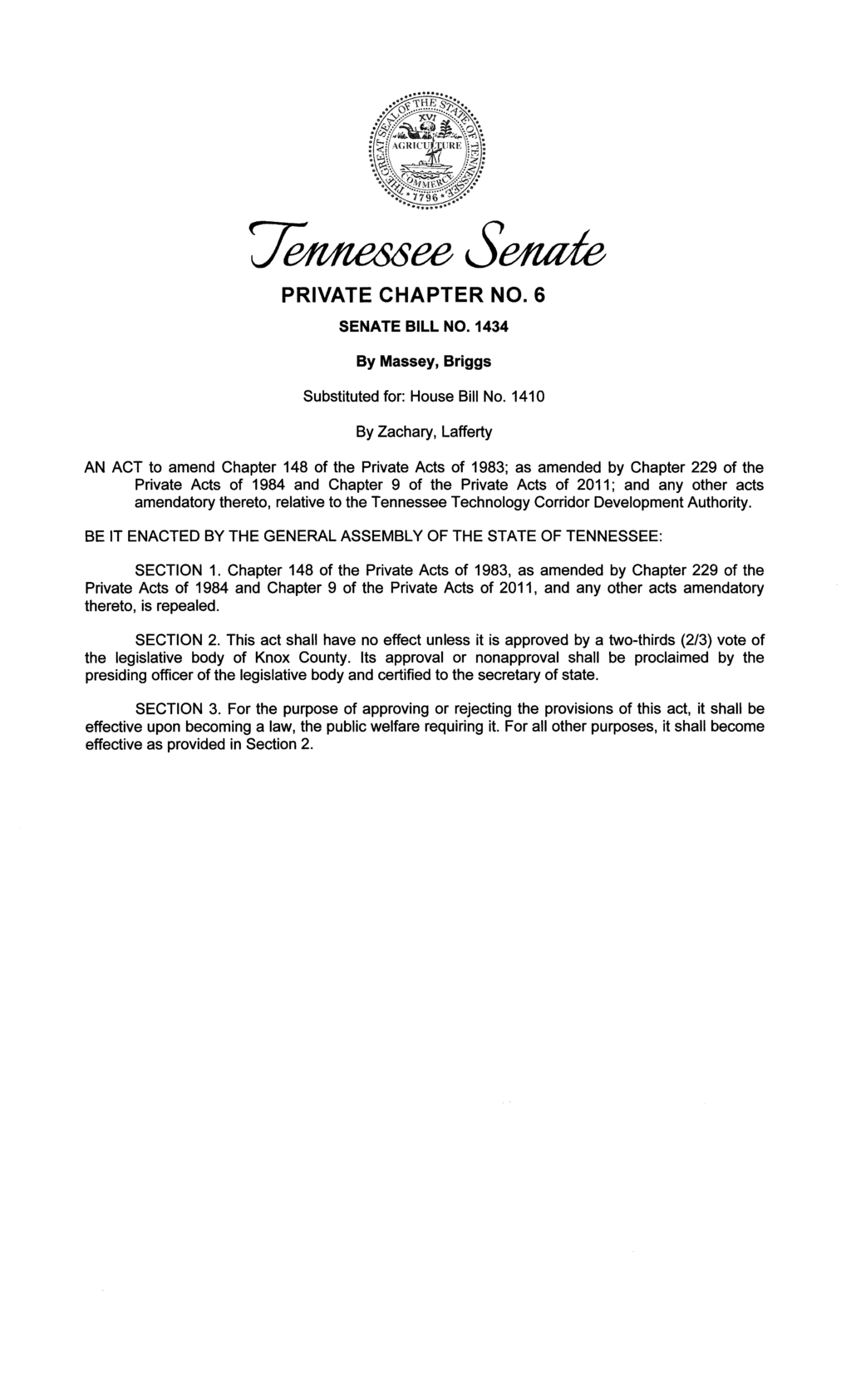 Tennessee General Assembly repeals private act on Technology Corridor Authority