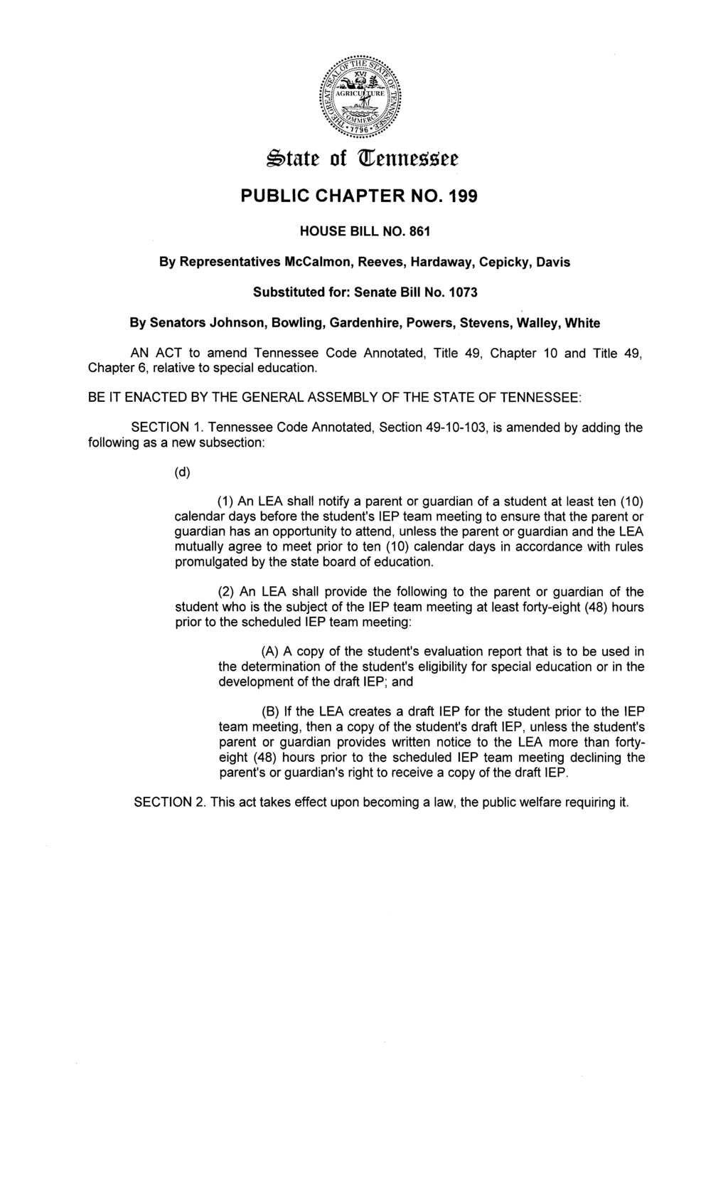 Tennessee lawmakers pass House Bill 861 enhancing special education IEP notification requirements