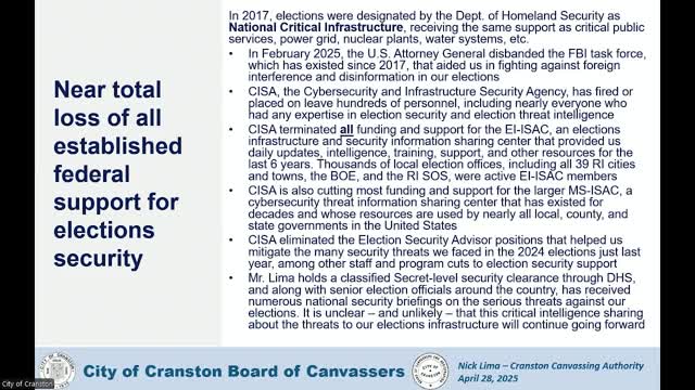 Cranston Board of Canvassers addresses election security concerns amid funding cuts