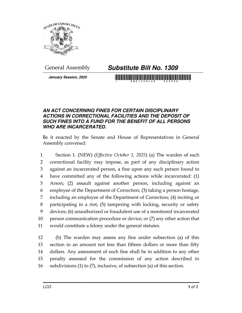 Connecticut General Assembly approves fines for disciplinary actions in correctional facilities