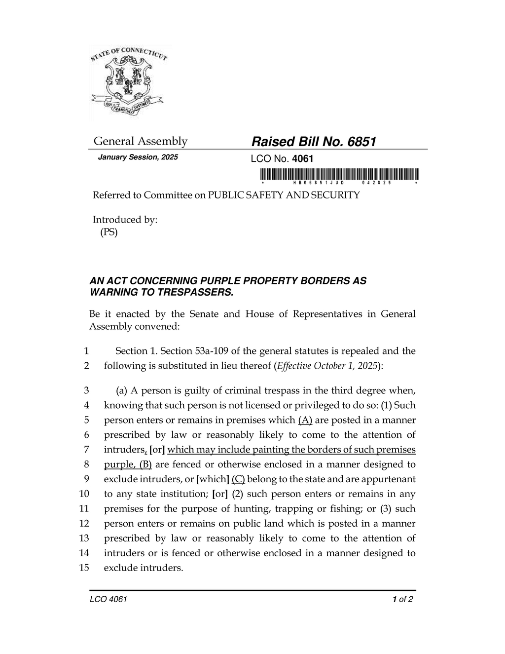 General Assembly proposes new law on purple property borders for trespass warning