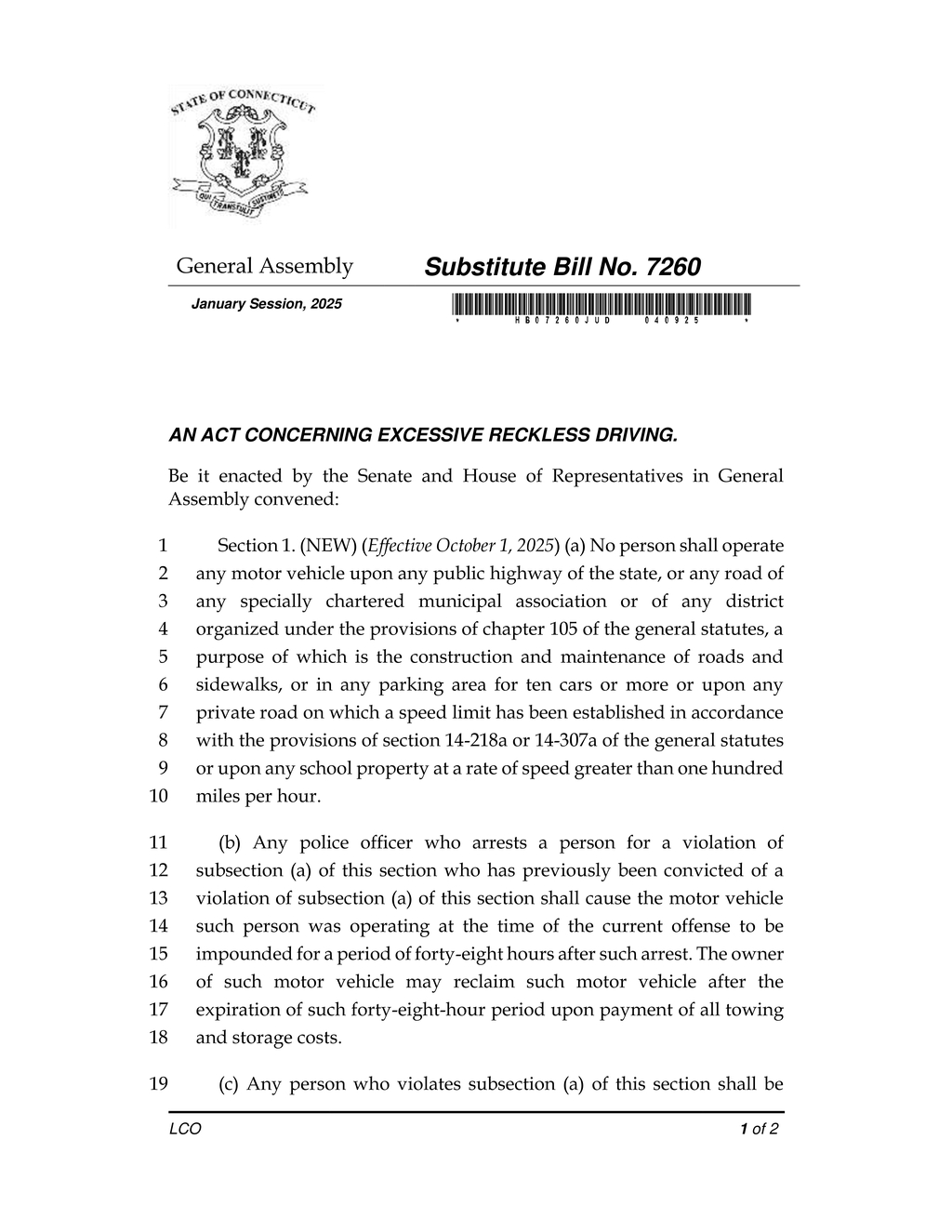 Connecticut General Assembly addresses excessive reckless driving with new legislation