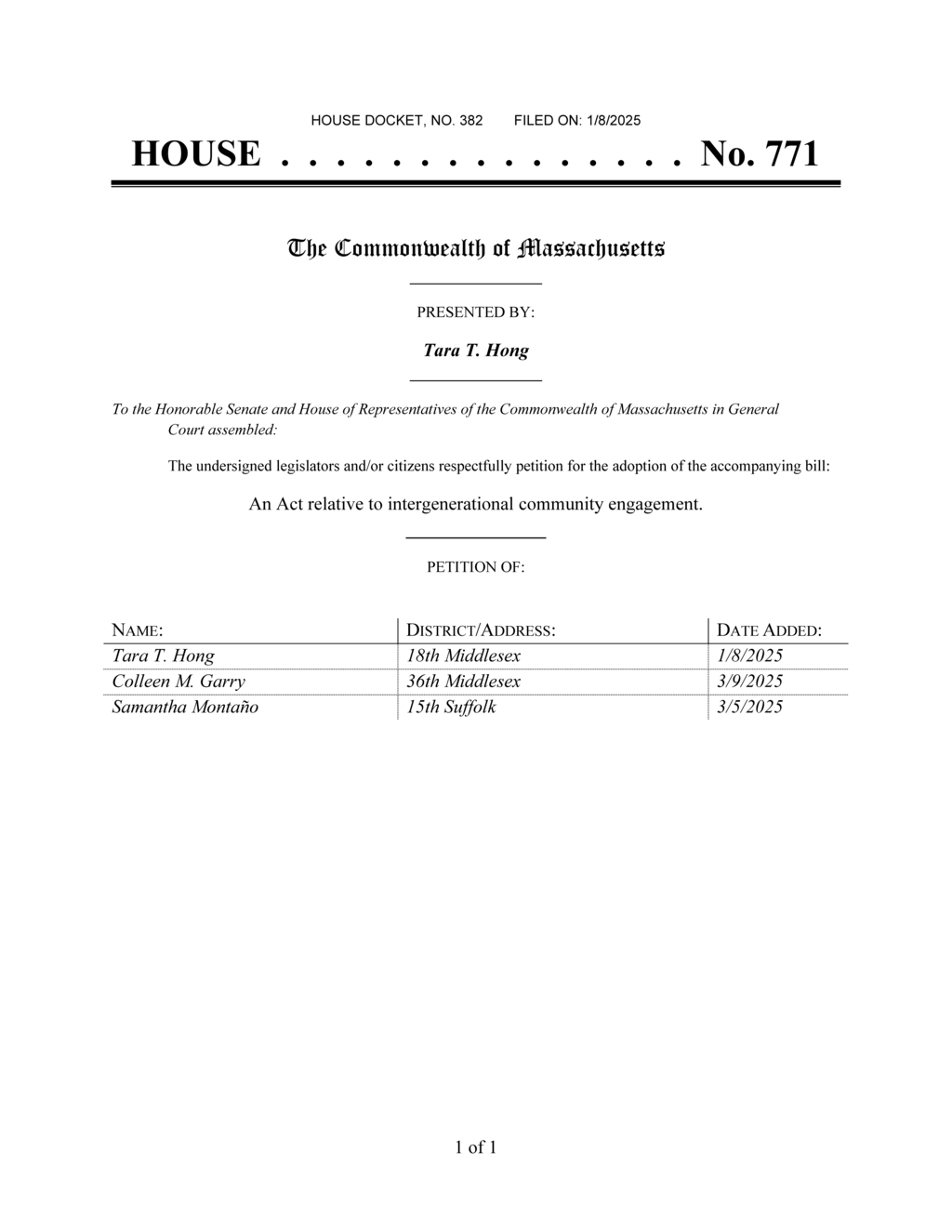 Tara T. Hong introduces intergenerational community engagement bill in Massachusetts