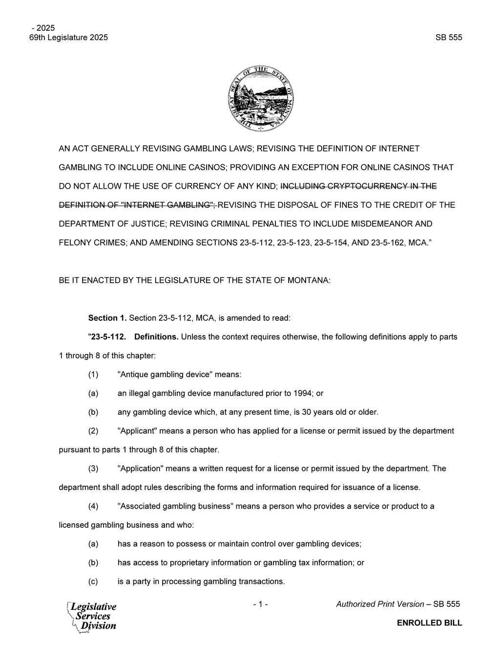 Montana Legislature defines illegal gambling and card game regulations in SB 555