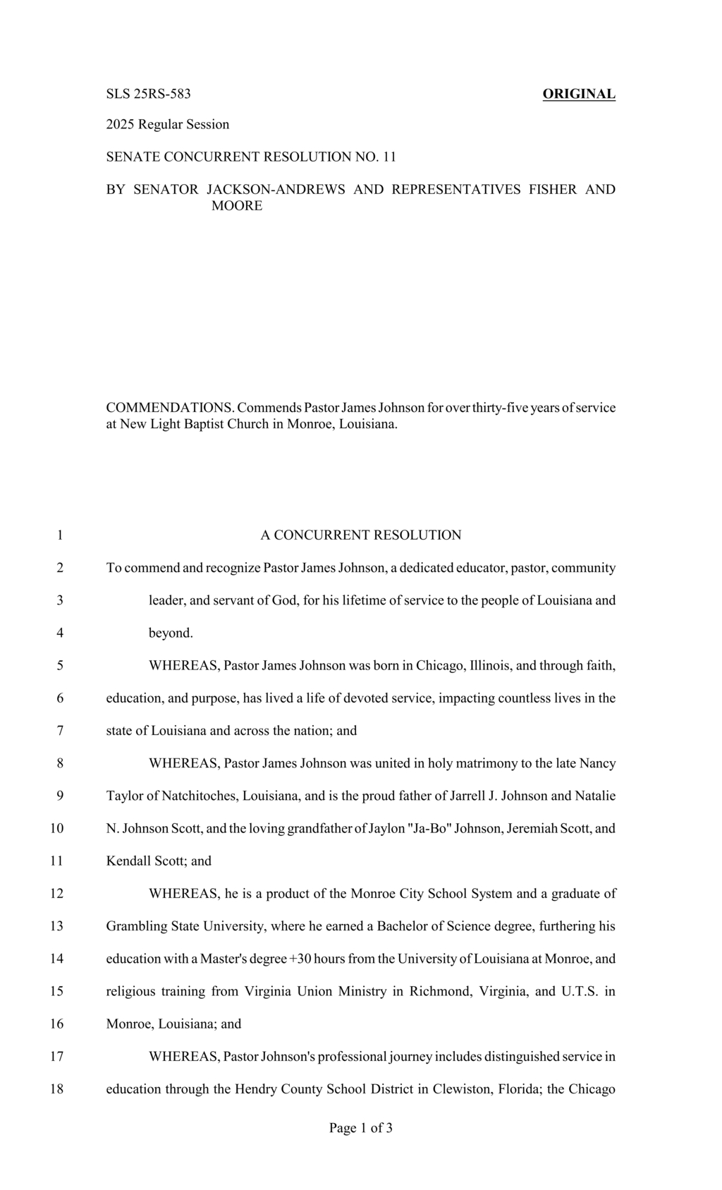 Louisiana Legislature commends Pastor James Johnson for service and leadership