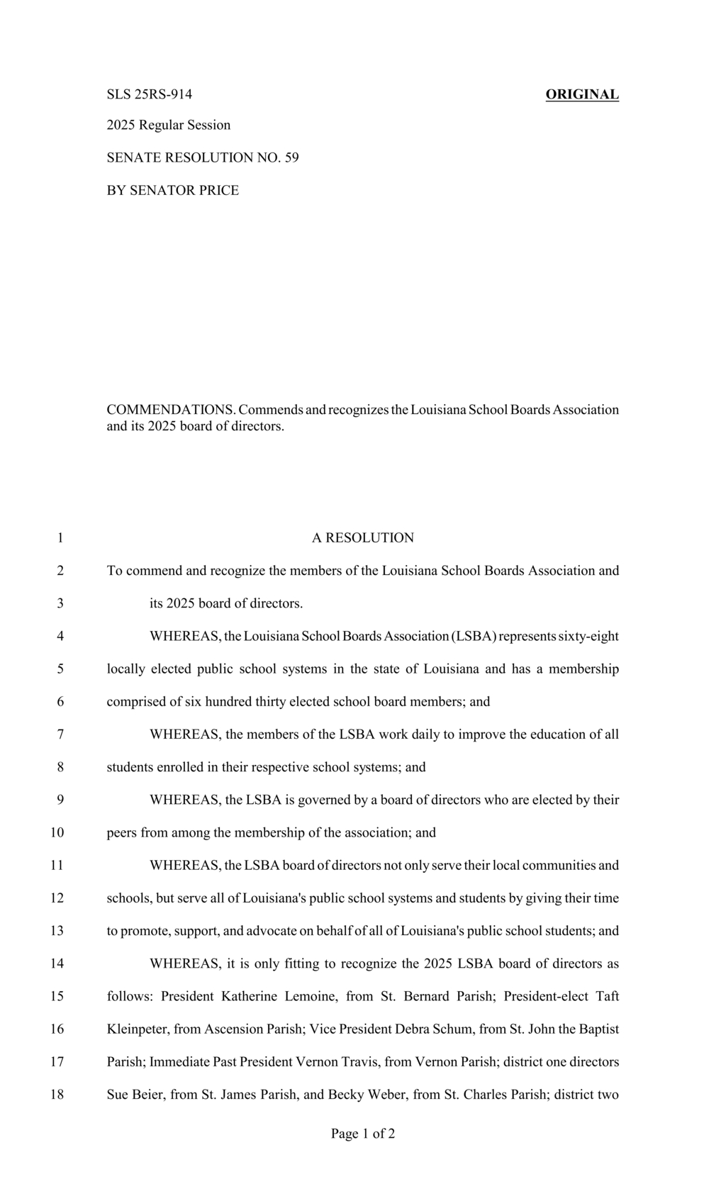 Louisiana Senate commends Louisiana School Boards Association 2025 board of directors