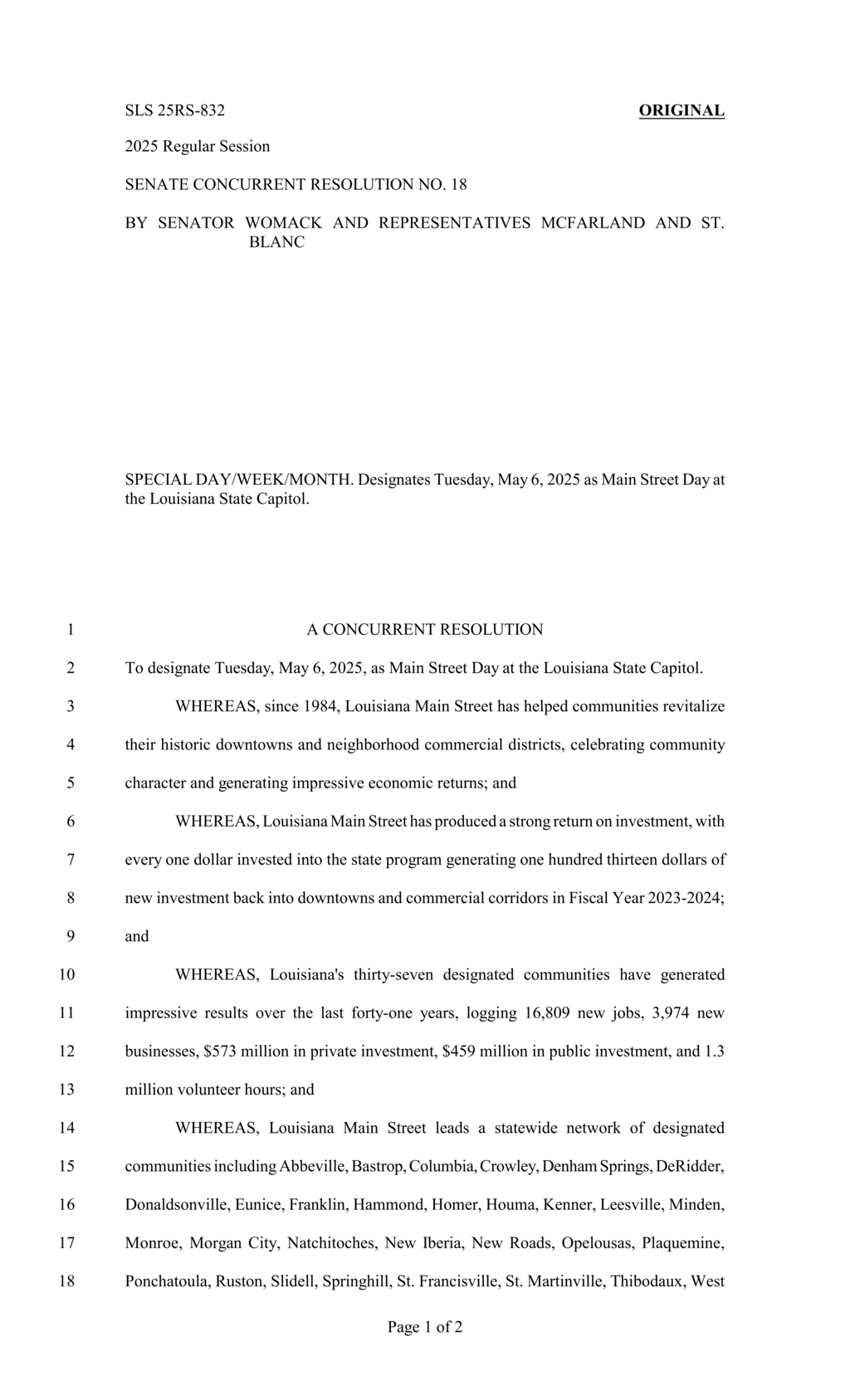 Louisiana Legislature designates May 6 2025 as Main Street Day at Capitol