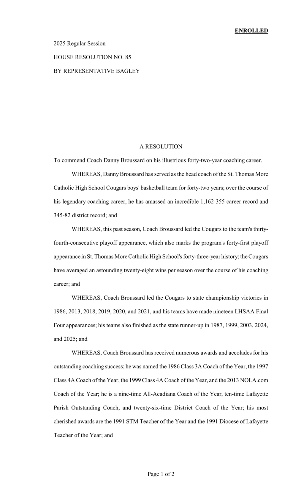 House resolution honors Coach Danny Broussard for 42 years of basketball excellence