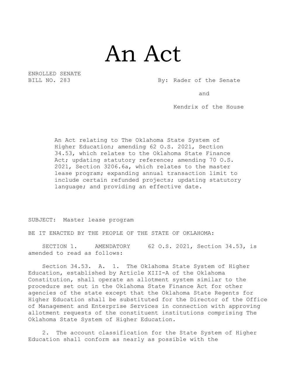 Oklahoma legislature passes bill to expand master lease program for higher education