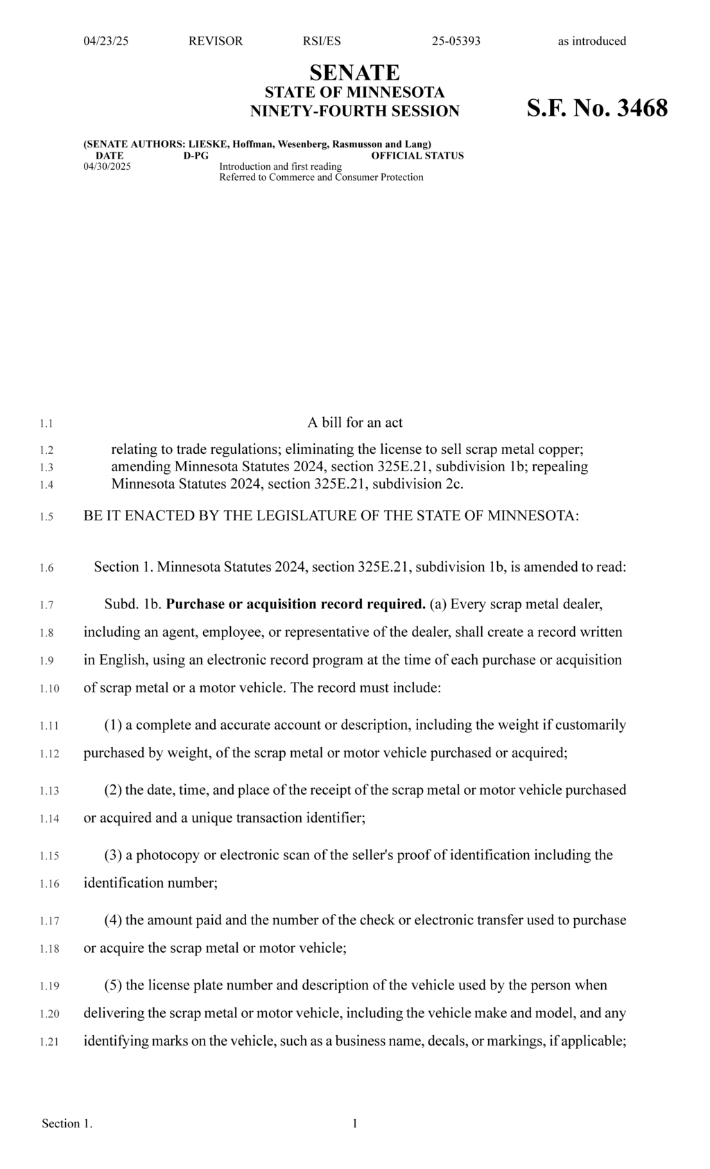 Minnesota legislature amends scrap metal laws eliminating copper sale license requirement