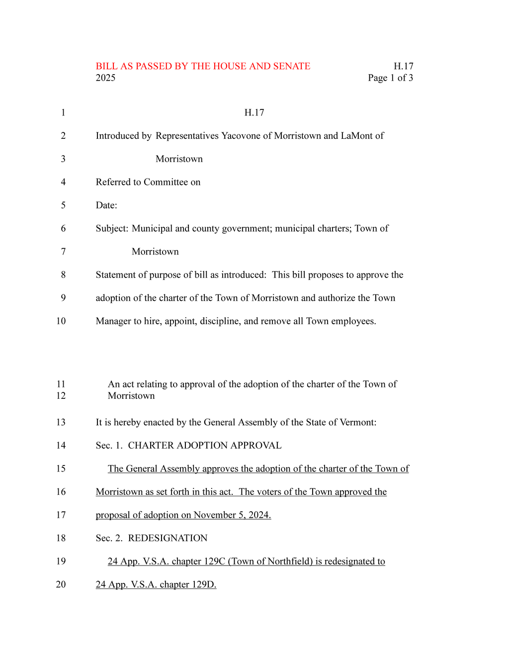 Vermont Assembly approves Town of Morristown charter adoption and Town Manager authority