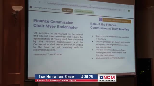 Norwood finance commission reviews FY26 budget materials and explains free cash and stabilization funds