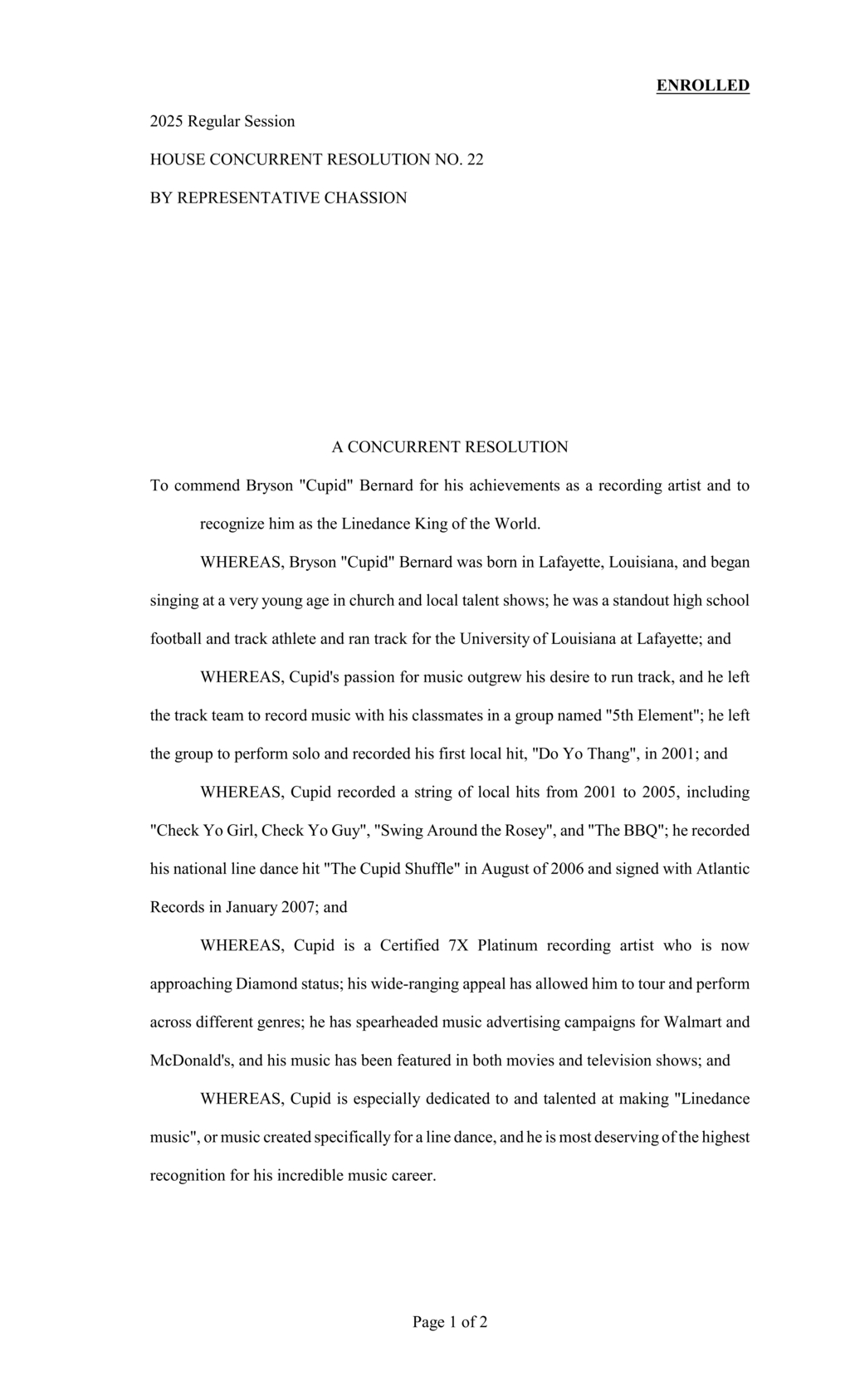 Louisiana Legislature honors Bryson Cupid Bernard as Linedance King of the World