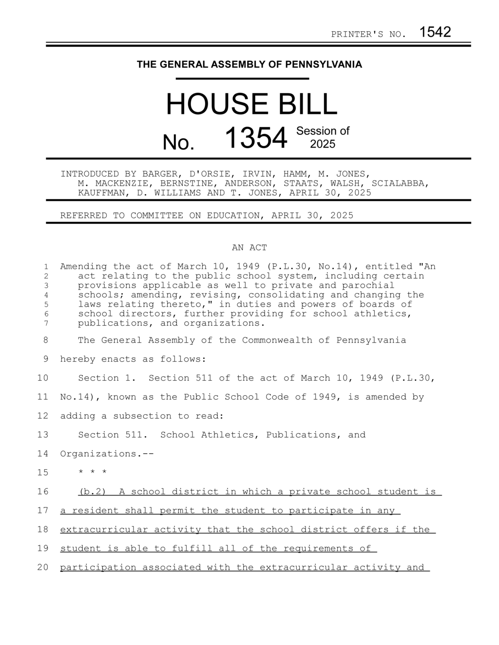 Pennsylvania House Bill 1354 allows private school students to join public school activities