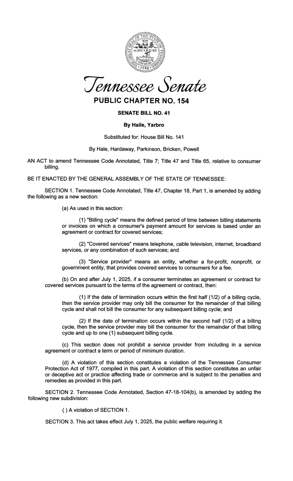 Tennessee Senate passes bill limiting consumer billing practices for service providers